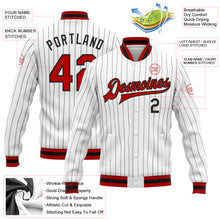 Laden Sie das Bild in den Galerie-Viewer, Custom White Black Pinstripe Red-Black Bomber Full-Snap Varsity Letterman Jacket
