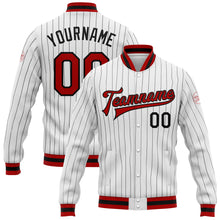 Laden Sie das Bild in den Galerie-Viewer, Custom White Black Pinstripe Red-Black Bomber Full-Snap Varsity Letterman Jacket
