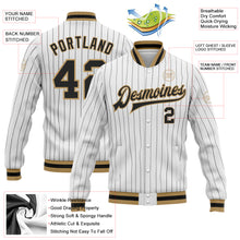 Laden Sie das Bild in den Galerie-Viewer, Custom White Black Pinstripe Black-Old Gold Bomber Full-Snap Varsity Letterman Jacket
