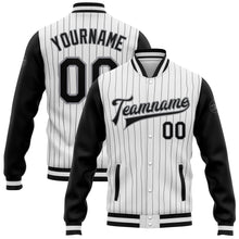 Laden Sie das Bild in den Galerie-Viewer, Custom White Black Pinstripe Black-Gray Bomber Full-Snap Varsity Letterman Two Tone Jacket
