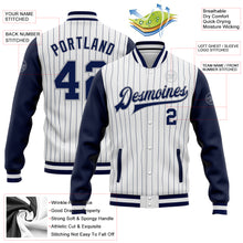 Laden Sie das Bild in den Galerie-Viewer, Custom White Navy Pinstripe Navy-Gray Bomber Full-Snap Varsity Letterman Two Tone Jacket
