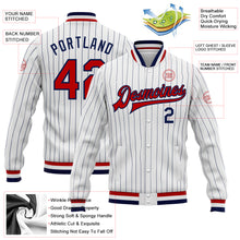 Laden Sie das Bild in den Galerie-Viewer, Custom White Navy Pinstripe Red-Navy Bomber Full-Snap Varsity Letterman Jacket
