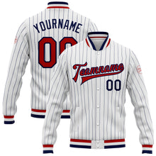Laden Sie das Bild in den Galerie-Viewer, Custom White Navy Pinstripe Red-Navy Bomber Full-Snap Varsity Letterman Jacket
