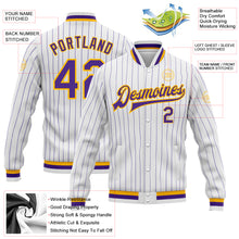 Laden Sie das Bild in den Galerie-Viewer, Custom White Purple Pinstripe Purple-Gold Bomber Full-Snap Varsity Letterman Jacket
