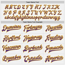 Laden Sie das Bild in den Galerie-Viewer, Custom White Purple Pinstripe Purple-Gold Bomber Full-Snap Varsity Letterman Jacket
