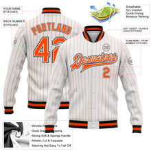 Laden Sie das Bild in den Galerie-Viewer, Custom White Orange Pinstripe Orange-Black Bomber Full-Snap Varsity Letterman Jacket
