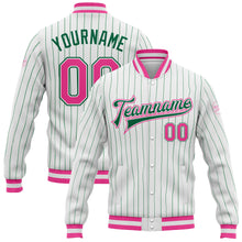 Laden Sie das Bild in den Galerie-Viewer, Custom White Kelly Green Pinstripe Pink-Kelly Green Bomber Full-Snap Varsity Letterman Jacket
