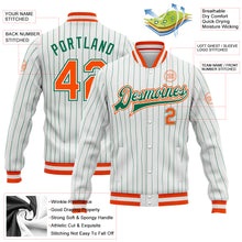 Laden Sie das Bild in den Galerie-Viewer, Custom White Kelly Green Pinstripe Orange-Kelly Green Bomber Full-Snap Varsity Letterman Jacket
