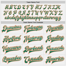 Laden Sie das Bild in den Galerie-Viewer, Custom White Kelly Green Pinstripe Orange-Kelly Green Bomber Full-Snap Varsity Letterman Jacket
