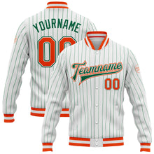 Laden Sie das Bild in den Galerie-Viewer, Custom White Kelly Green Pinstripe Orange-Kelly Green Bomber Full-Snap Varsity Letterman Jacket
