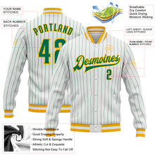 Laden Sie das Bild in den Galerie-Viewer, Custom White Kelly Green Pinstripe Kelly Green-Gold Bomber Full-Snap Varsity Letterman Jacket
