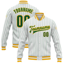 Laden Sie das Bild in den Galerie-Viewer, Custom White Kelly Green Pinstripe Kelly Green-Gold Bomber Full-Snap Varsity Letterman Jacket
