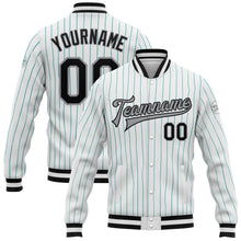 Laden Sie das Bild in den Galerie-Viewer, Custom White Aqua Pinstripe Black-Gray Bomber Full-Snap Varsity Letterman Jacket
