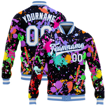 Custom Graffiti Pattern White-Light Blue Splashes 3D Bomber Full-Snap Varsity Letterman Jacket