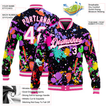 Загрузить изображение в средство просмотра галереи, Custom Graffiti Pattern White-Pink Splashes 3D Bomber Full-Snap Varsity Letterman Jacket
