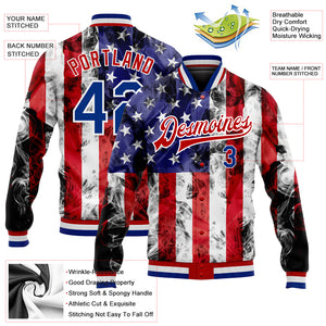 Custom White Royal-Red American Flag Fashion 3D Bomber Full-Snap Varsity Letterman Jacket