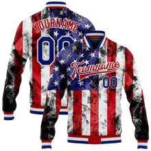 Laden Sie das Bild in den Galerie-Viewer, Custom White Royal-Red American Flag Fashion 3D Bomber Full-Snap Varsity Letterman Jacket
