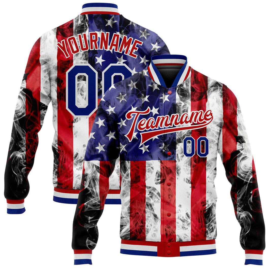 Custom White Royal-Red American Flag Fashion 3D Bomber Full-Snap Varsity Letterman Jacket