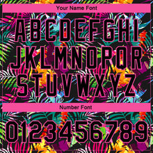 Laden Sie das Bild in den Galerie-Viewer, Custom Black Pink-Light Blue Hawaii Palm Trees 3D Bomber Full-Snap Varsity Letterman Jacket
