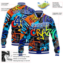 Laden Sie das Bild in den Galerie-Viewer, Custom Graffiti Pattern Royal-White Geometric 3D Bomber Full-Snap Varsity Letterman Jacket
