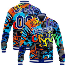 Laden Sie das Bild in den Galerie-Viewer, Custom Graffiti Pattern Royal-White Geometric 3D Bomber Full-Snap Varsity Letterman Jacket
