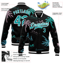 Загрузить изображение в средство просмотра галереи, Custom Black Teal-White Hawaii Palm Trees 3D Bomber Full-Snap Varsity Letterman Jacket
