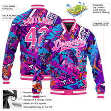 Laden Sie das Bild in den Galerie-Viewer, Custom Graffiti Pattern Pink-White Words 3D Bomber Full-Snap Varsity Letterman Jacket
