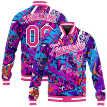 Загрузить изображение в средство просмотра галереи, Custom Graffiti Pattern Pink-White Words 3D Bomber Full-Snap Varsity Letterman Jacket
