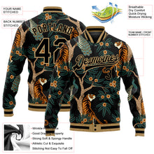 Laden Sie das Bild in den Galerie-Viewer, Custom Black Black-Old Gold Tiger And Peacock 3D Pattern Design Bomber Full-Snap Varsity Letterman Jacket
