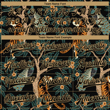 Laden Sie das Bild in den Galerie-Viewer, Custom Black Black-Old Gold Tiger And Peacock 3D Pattern Design Bomber Full-Snap Varsity Letterman Jacket
