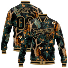 Laden Sie das Bild in den Galerie-Viewer, Custom Black Black-Old Gold Tiger And Peacock 3D Pattern Design Bomber Full-Snap Varsity Letterman Jacket
