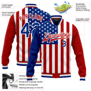 Custom White Royal-Red American Flag Fashion 3D Bomber Full-Snap Varsity Letterman Jacket