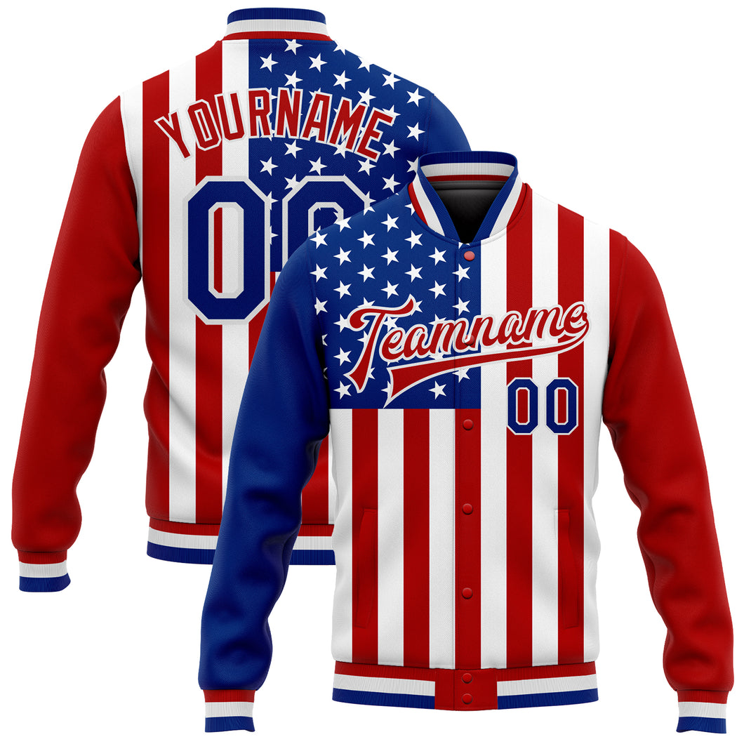 Custom White Royal-Red American Flag Fashion 3D Bomber Full-Snap Varsity Letterman Jacket