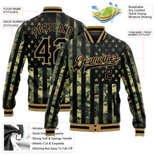 Laden Sie das Bild in den Galerie-Viewer, Custom Camo Black-Old Gold American Flag Fashion 3D Bomber Full-Snap Varsity Letterman Salute To Service Jacket
