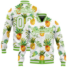 Laden Sie das Bild in den Galerie-Viewer, Custom White White-Neon Green Pineapples 3D Pattern Design Bomber Full-Snap Varsity Letterman Jacket
