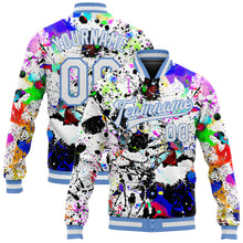 Laden Sie das Bild in den Galerie-Viewer, Custom Graffiti Pattern White-Light Blue Splashes 3D Bomber Full-Snap Varsity Letterman Jacket
