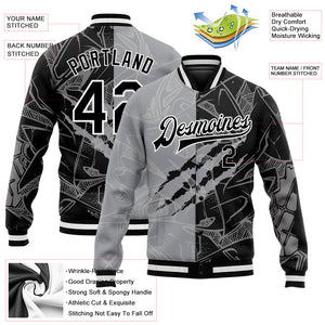 Custom Graffiti Pattern Black-Gray Scratch 3D Bomber Full-Snap Varsity Letterman Jacket