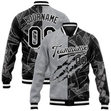 Laden Sie das Bild in den Galerie-Viewer, Custom Graffiti Pattern Black-Gray Scratch 3D Bomber Full-Snap Varsity Letterman Jacket
