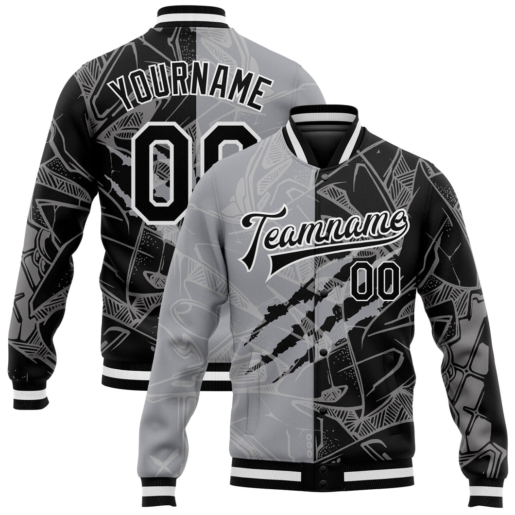 Custom Graffiti Pattern Black-Gray Scratch 3D Bomber Full-Snap Varsity Letterman Jacket