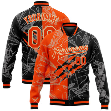 Custom Graffiti Pattern Orange Black-Cream Scratch 3D Bomber Full-Snap Varsity Letterman Jacket