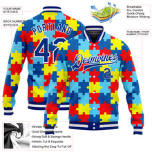 Laden Sie das Bild in den Galerie-Viewer, Custom Autism Awareness Puzzle Pieces Royal-White 3D Bomber Full-Snap Varsity Letterman Jacket
