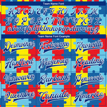 Laden Sie das Bild in den Galerie-Viewer, Custom Autism Awareness Puzzle Pieces Royal-White 3D Bomber Full-Snap Varsity Letterman Jacket
