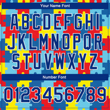 Laden Sie das Bild in den Galerie-Viewer, Custom Autism Awareness Puzzle Pieces Royal-White 3D Bomber Full-Snap Varsity Letterman Jacket
