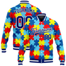 Laden Sie das Bild in den Galerie-Viewer, Custom Autism Awareness Puzzle Pieces Royal-White 3D Bomber Full-Snap Varsity Letterman Jacket
