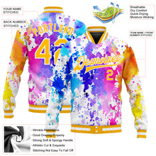 Laden Sie das Bild in den Galerie-Viewer, Custom Tie Dye Gold-White Rainbow 3D Bomber Full-Snap Varsity Letterman Jacket
