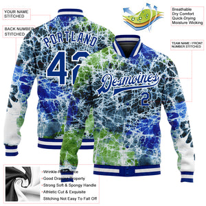 Custom Tie Dye Royal-White Rainbow 3D Bomber Full-Snap Varsity Letterman Jacket