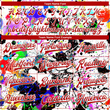 Load image into Gallery viewer, Custom Graffiti Pattern Royal-Red Splashes 3D Bomber Full-Snap Varsity Letterman Jacket
