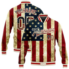 Laden Sie das Bild in den Galerie-Viewer, Custom Cream Vintage USA Flag-Red American Flag Fashion 3D Bomber Full-Snap Varsity Letterman Jacket
