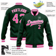 Laden Sie das Bild in den Galerie-Viewer, Custom Green Pink-White Bomber Full-Snap Varsity Letterman Jacket
