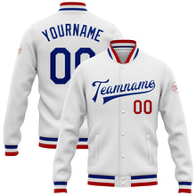 Загрузить изображение в средство просмотра галереи, Custom White Royal-Red Bomber Full-Snap Varsity Letterman Jacket
